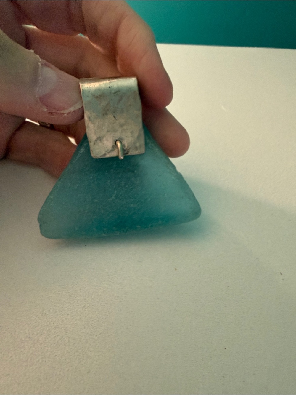 Source Unknown Sea Glass Triangle Pendant in Aqua Blue